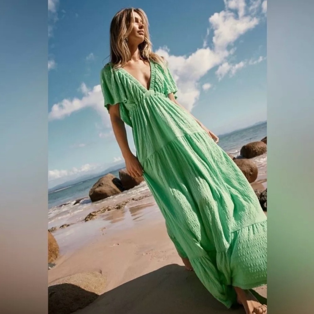 Free People La La Maxi Dress in Glowing Turquoise Green NWT XS